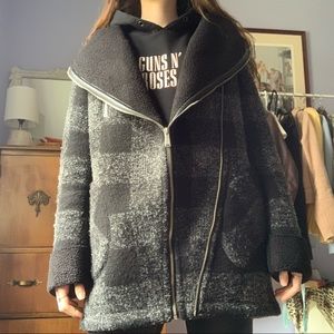 Asymmetrical Hooded Fleece-Lined Plaid Wool Coat